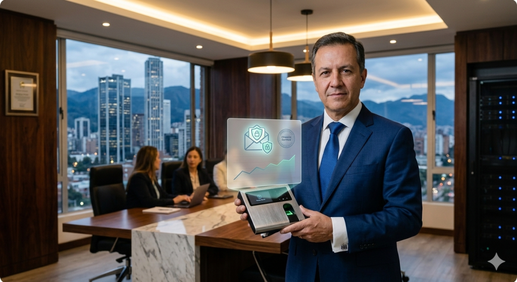 Ejecutivo financiero en sala de juntas premium utilizando tecnología de seguridad de datos avanzada.