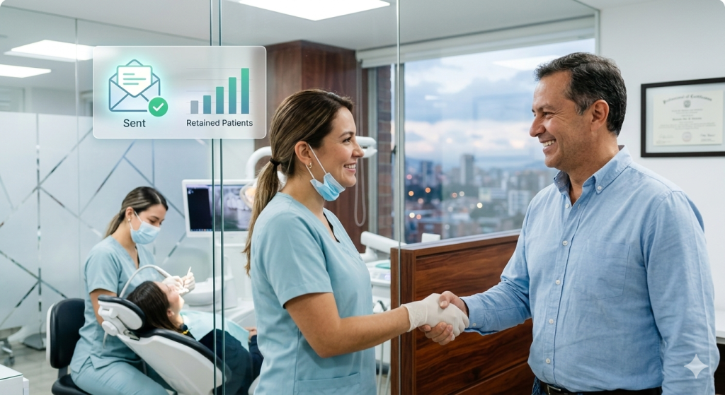 Odontóloga profesional saludando a paciente satisfecho en clínica dental moderna y tecnológica.
