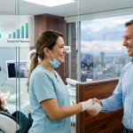 Odontóloga profesional saludando a paciente satisfecho en clínica dental moderna y tecnológica.
