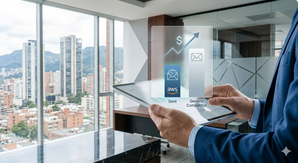 Manos de ejecutivo analizando gráficos comparativos de costos de envío de email en una tableta digital.